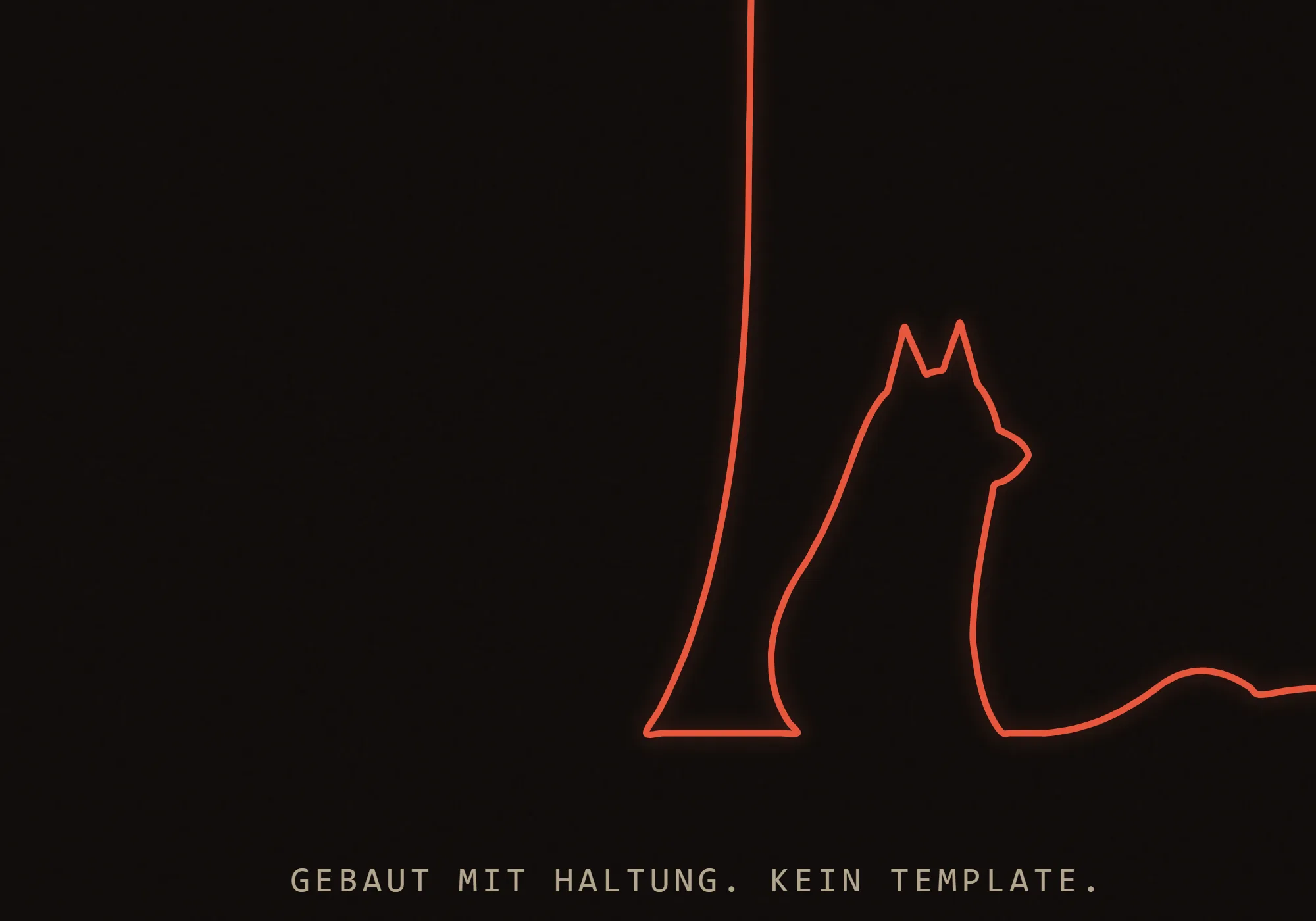 Das Seitenende von pascaljaeger.de: der rote Faden läuft senkrecht herunter und wird zu einer sitzenden Katze im Profil, deren Schwanz nach rechts aus dem Bild läuft.