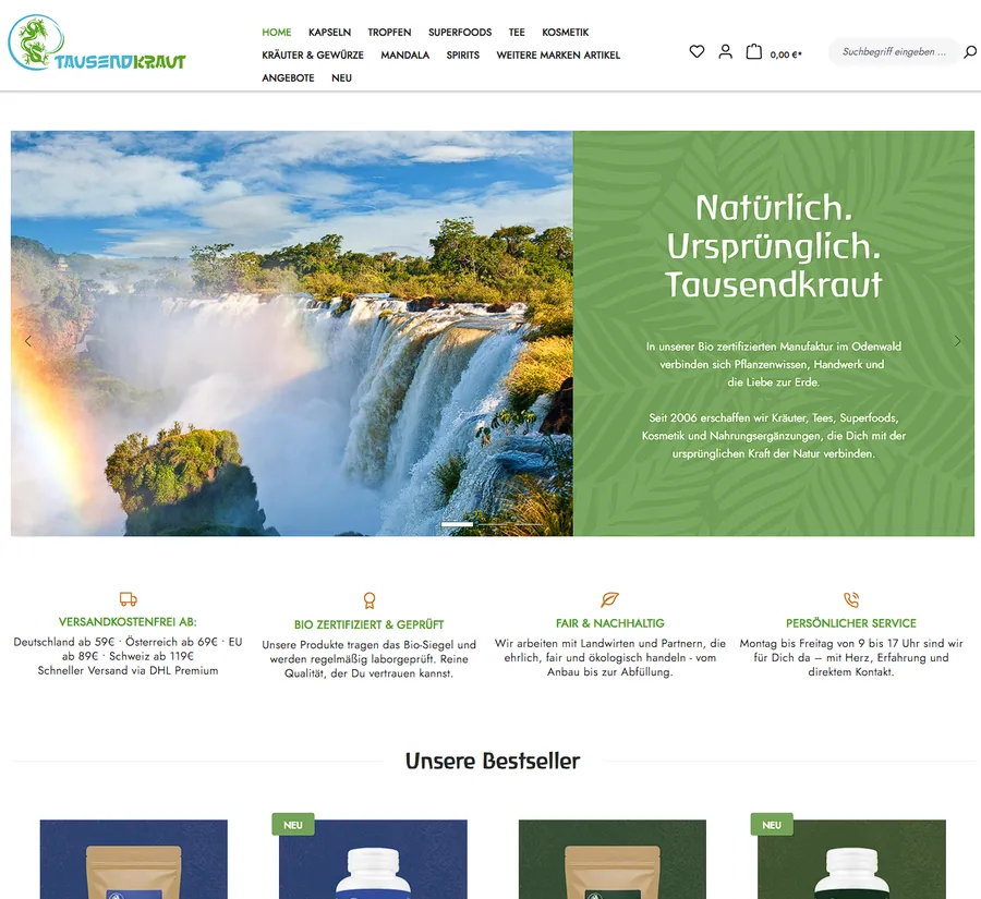 Onlineshop von Tausendkraut mit Produktübersicht